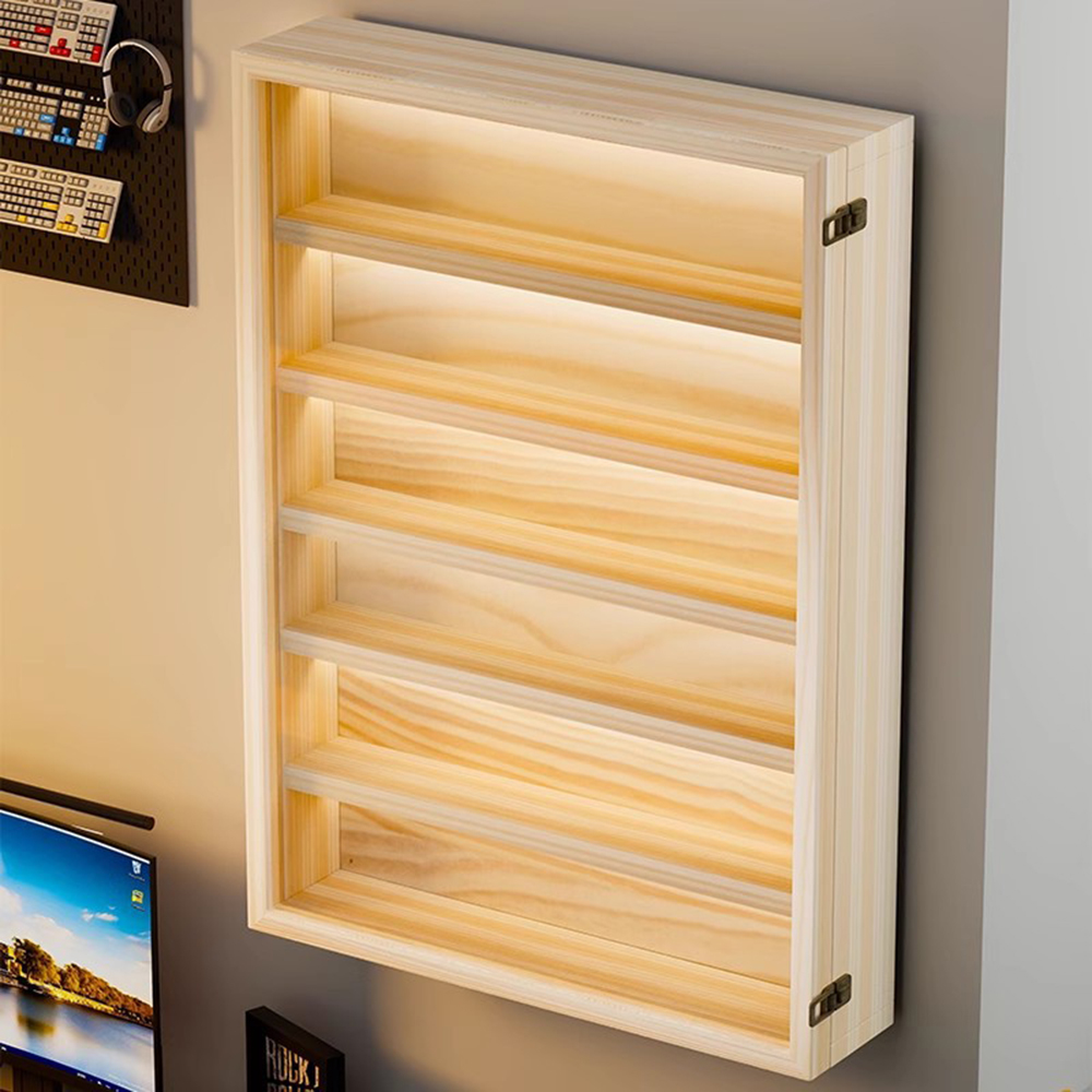 Pop Display Shelf - ตู้โชว์ไม้ติดผนัง 6 ชั้น พร้อมประตูใส ตู้โชว์แบบกล่องไม้ธรรมชาติ ชั้นวางโชว์กันฝุ่นสำหรับสะสม